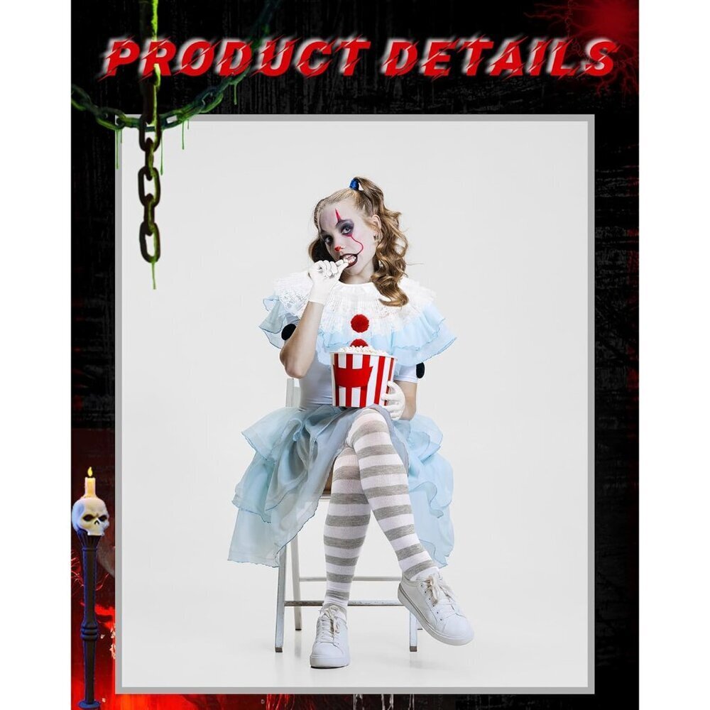 Women's Creepy Clown Costume Accessories Gloves Collar Stockings Pompoms - Picture 5 of 6